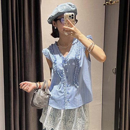 仅5件~M家爆款追加 甜美海军风条纹V领木耳飞袖百搭娃娃衬衫