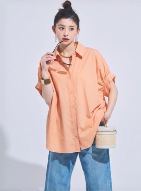 夏日微风 千金线N家 成衣水洗工艺 100%棉法式慵懒蝙蝠袖廓形衬衫