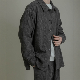 儒雅绅士~客供轻量毛呢复古人字纹翻领宽松百搭衬衫外套