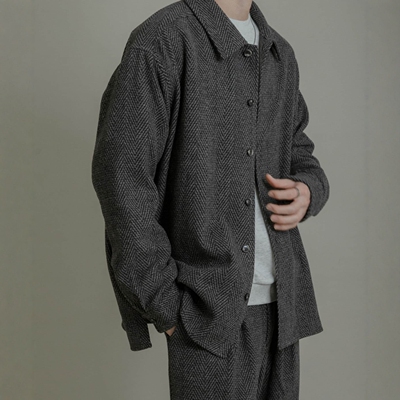 儒雅绅士~客供轻量毛呢复古人字纹翻领宽松百搭衬衫外套