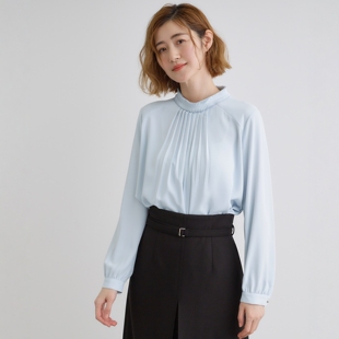 美貌野心家 抗皱免烫舒适百搭 重工捏褶立领珠光日常通勤长袖衬衫