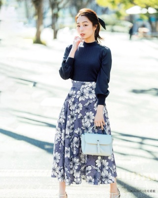 印花officelady精致收腰A字伞裙