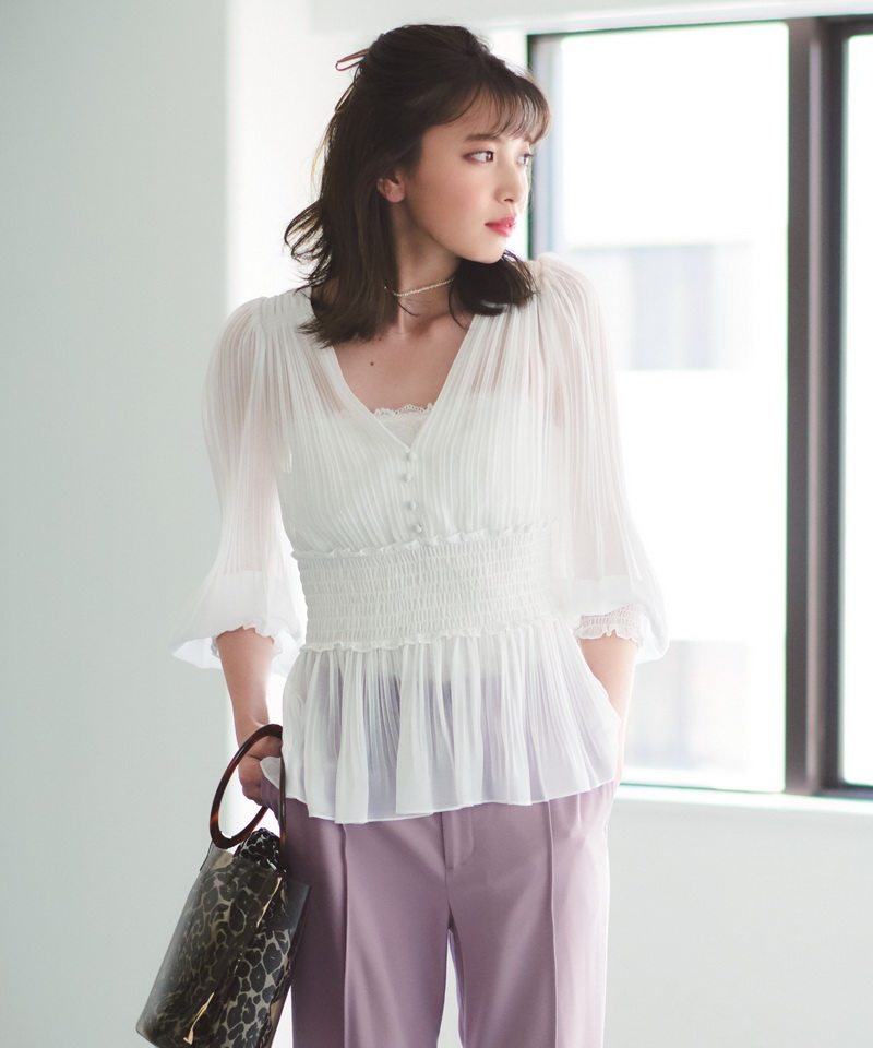 【血亏价】 仙女衬衫~c0c0家 细风琴褶司马克收腰绑带薄纱上衣