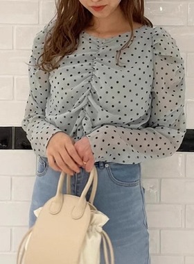 超值享~ch1co 清秀可人 优雅大气波点泡泡袖胸部收褶前后2穿衬衫