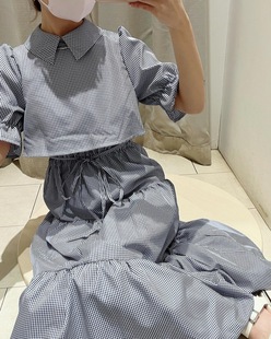 稀少！NC家 一抹清甜的调子 气质清丽 假两件式松紧腰翻领连衣裙