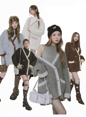 超人气~d@r1ch保暖软糯配色V领宽松针织开衫外套+修身连衣裙 套装