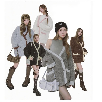 超人气~d@r1ch保暖软糯配色V领宽松针织开衫外套+修身连衣裙 套装