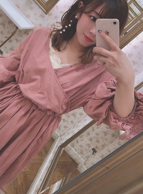 Ch1co  一百分浪漫 围裹式V领 可爱灯笼袖娃娃裙A字裙连衣裙