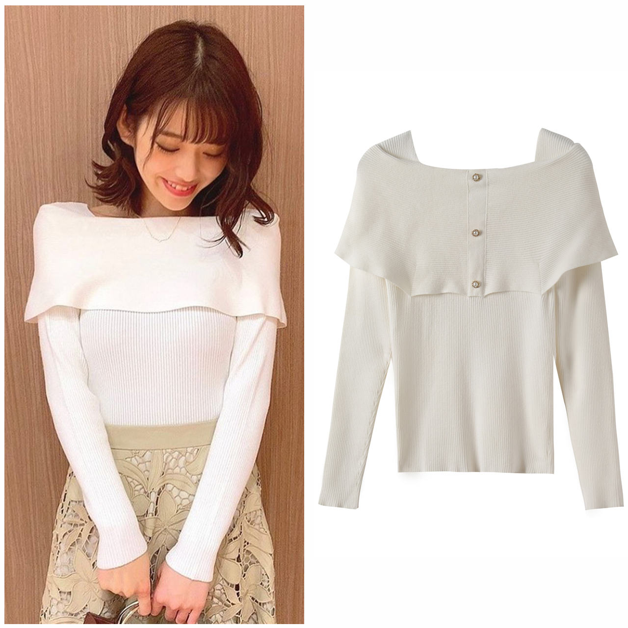 保暖披肩领珍珠扣罗纹针织衫