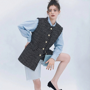 造型神器 小香风百搭金扣毛边花呢马夹 千金线N家人气款 追单6次