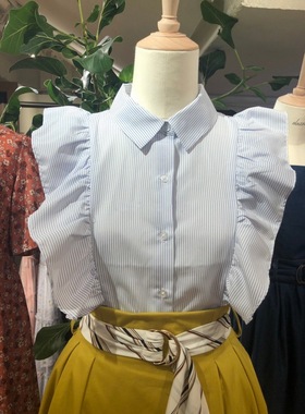 D家 22ss穿出俏皮好气质 荷叶边饰肩 甜美飞袖木耳袖纯棉衬衫上衣