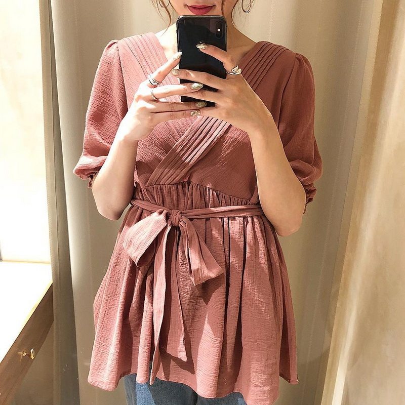 店头主推款荷叶摆交叉锁骨衬衫