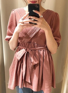 Ch1co 23ss店头主推款 收腰荷叶摆交叉V领心机锁骨收腰衬衫上衣