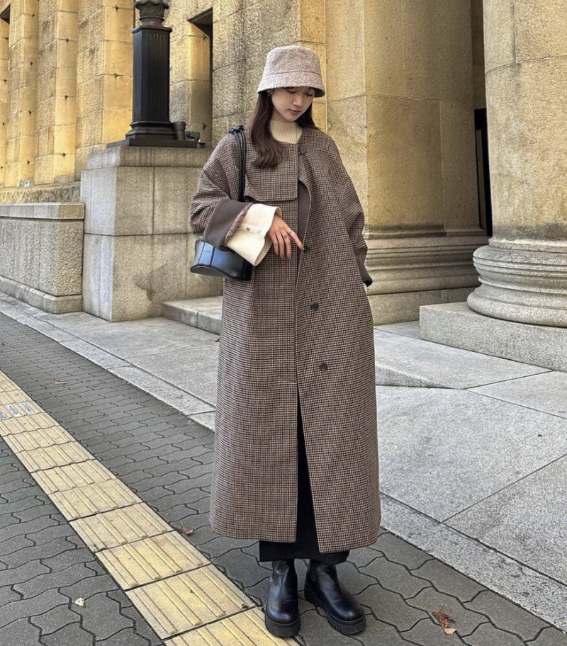 管网秒空！1.9W+稀罕高端 法式优雅复古千鸟格单排扣无领羊毛大衣