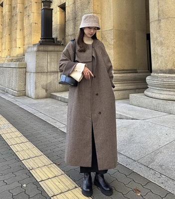 法式优雅千鸟格单排扣羊毛大衣