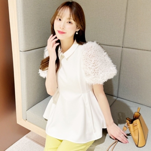 收腰翻领衬衫 再追单 甜美优雅立体花瓣泡泡袖 超人气画册款 C家