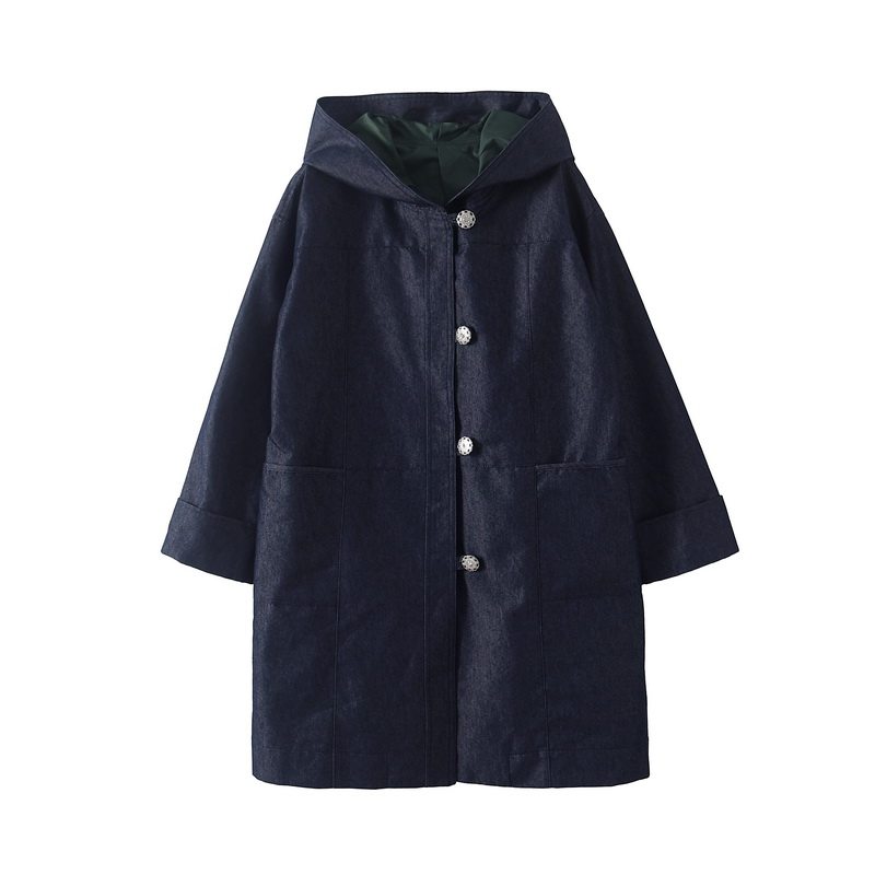 宽松藏肉中长款连帽牛仔蓝风衣