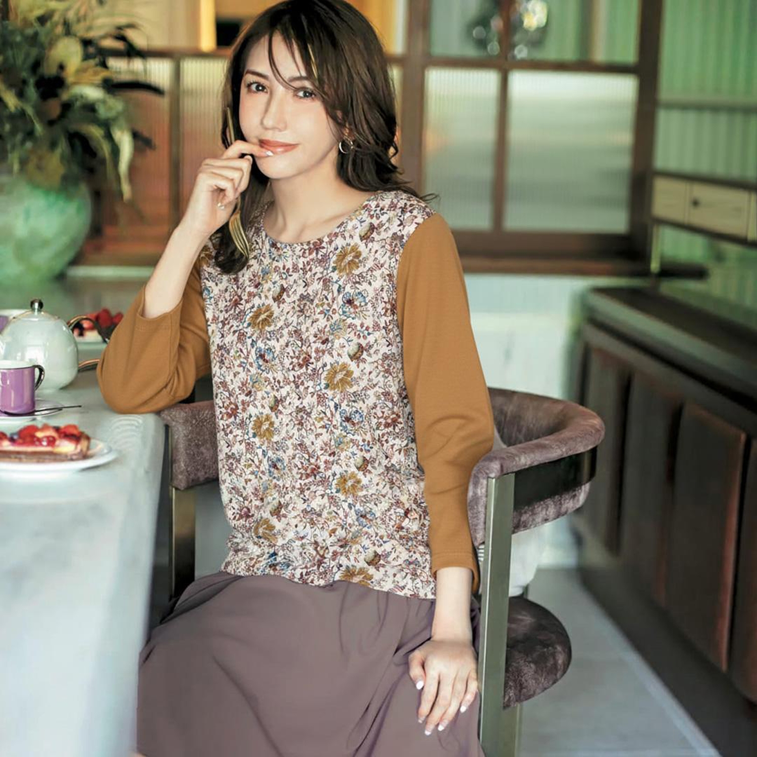 稀少~1iberty合作款 客供琎口荃棉面料法式印花拼接圆领长袖T恤