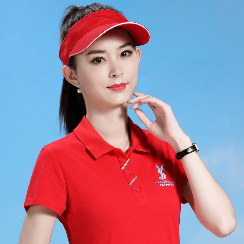 翻领短袖女t恤纯色纯棉体恤衫夏季显瘦舒适运动上衣带领polo衫女