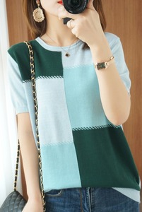 RY1762#圆领棉麻短袖女拼色T恤韩版宽松百搭显瘦半袖针织打底衫