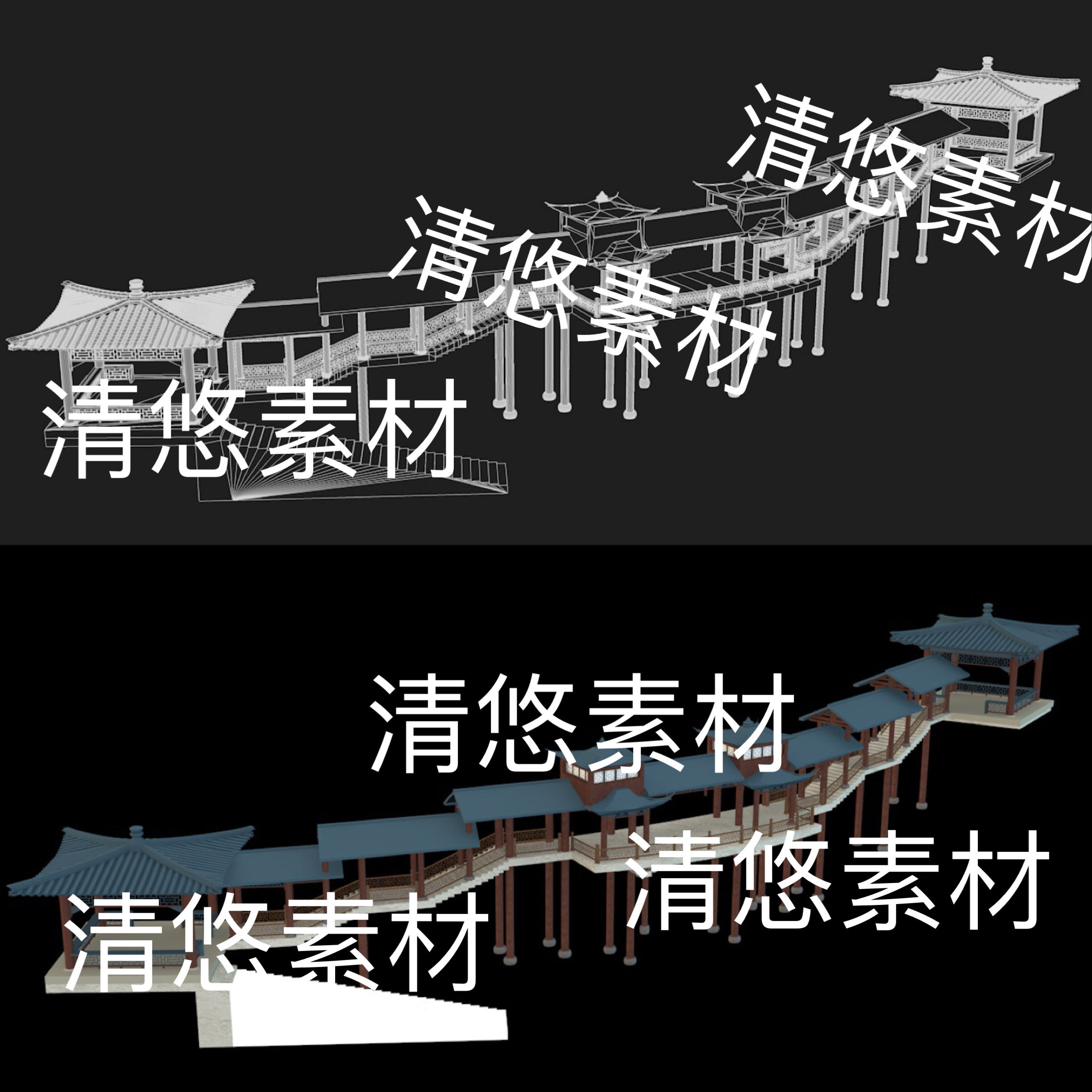 3dmax c4d fbx obj格式古建筑公园水上连廊长廊文件 非实物B724