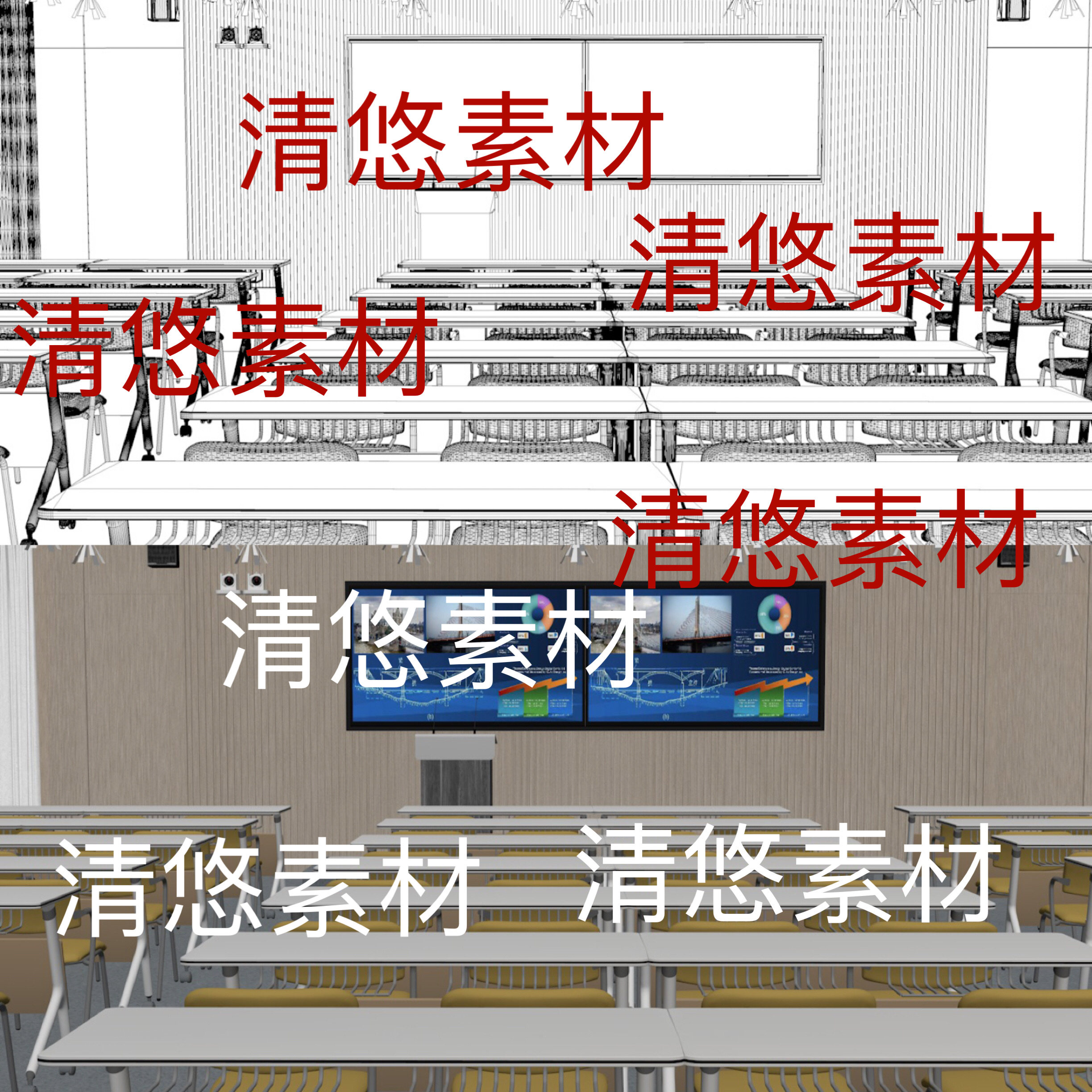 c4d fbx obj格式桌椅会议室教室报告厅室内场景文件 非实物B717