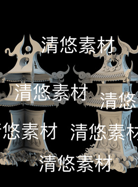 c4d fbx obj格式仙侠玄幻天界门楼塔楼祥云文件 非实物D803