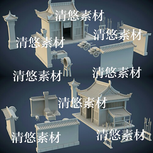 3dmax c4d fbx obj古建房子围墙柱房子板车鼓模型文件 非实物A804