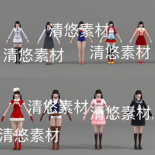 日韩亚洲圣诞校服泳装人物c4d fbx obj格式女孩文件 非实物E179
