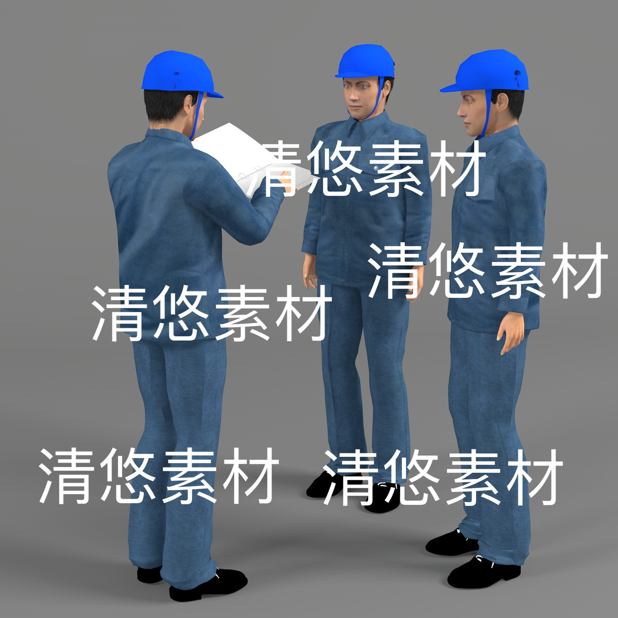 车间工人3dmax格式简模bip骨骼绑定民工人物3D文件 非实物D874