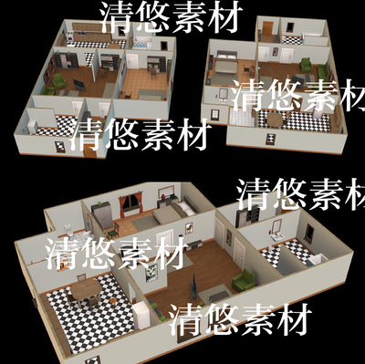 maya c4d fbx obj低面卡通厨房卧客厅现代室内场景 非实物A983