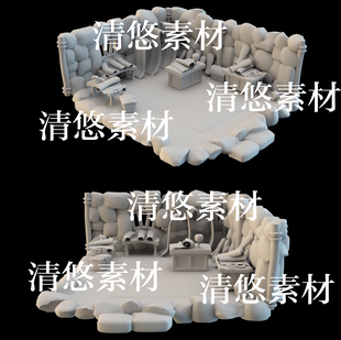 maya c4d fbx obj古代卡通石屋室内桌布匹场景模型文件 非实物B8