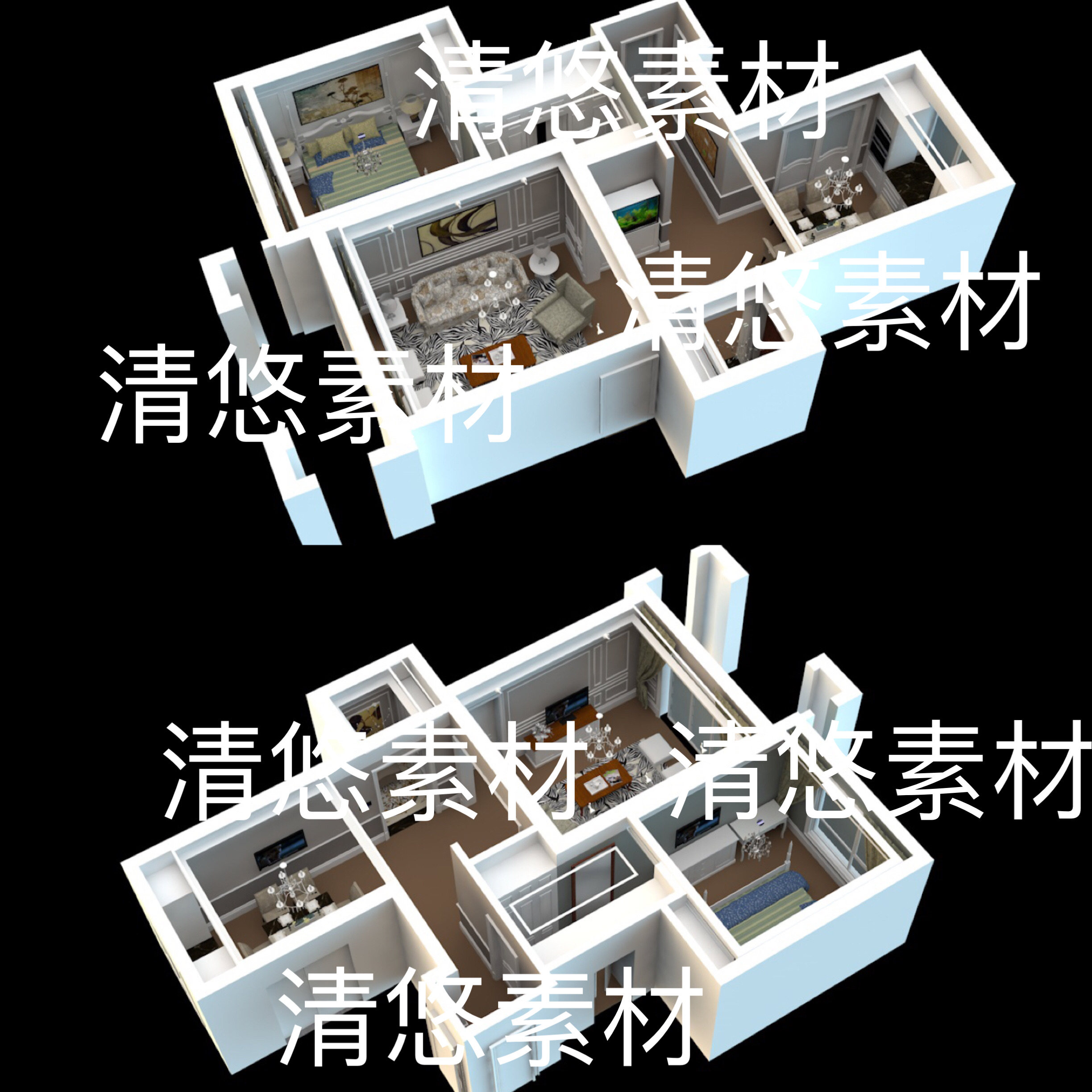 c4d fbx obj格式室内家装设计一房一厅场景文件 非实物B723