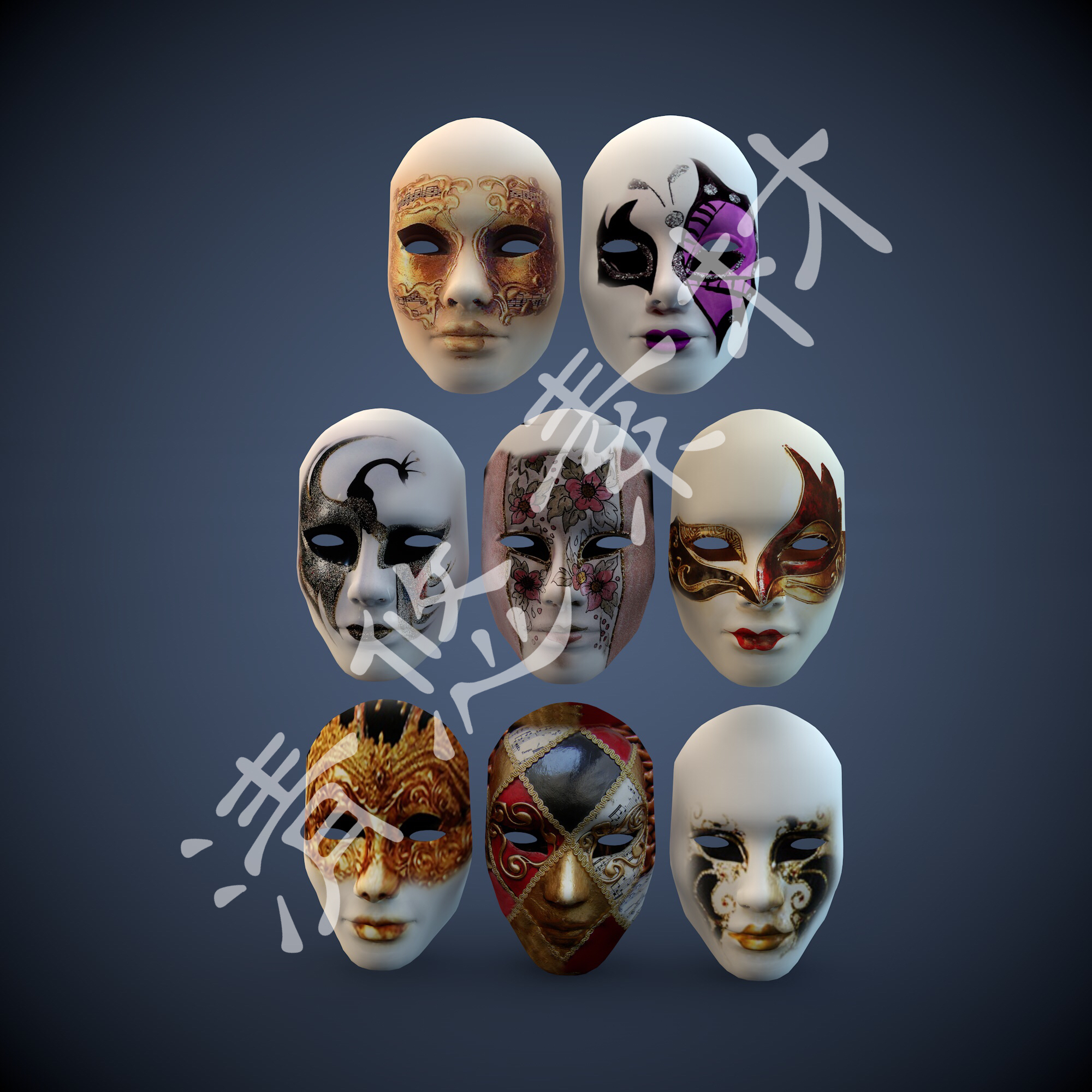 节日多彩舞蹈舞会男士女士面具道具3dmax c4d fbx模型 非实物638