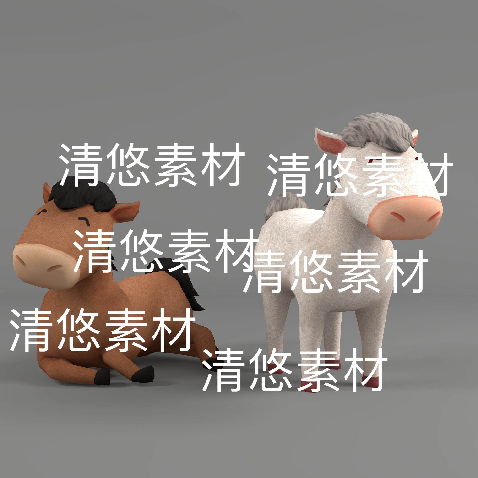 卡通可爱动物3D马文件c4d fbx格式骨骼绑定白马棕马 非实物E338