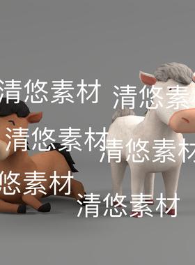 卡通可爱动物3D马文件c4d fbx格式骨骼绑定白马棕马 非实物E338