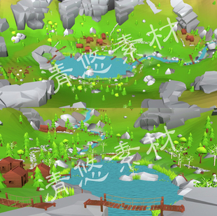 fbx卡通场景模型盆地小桥河边树林大自然房子低模 984 c4d maya