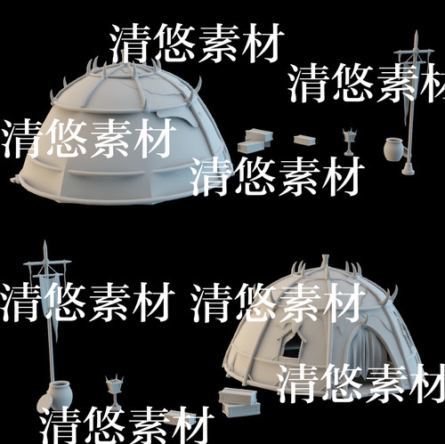 3dmax c4d fbx obj格式古风帐篷木箱罐子旗杆文件 非实物B313