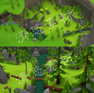 maya fbx峡谷树林卡通风格 场景模型树木小溪木桥多边形 988 c4d