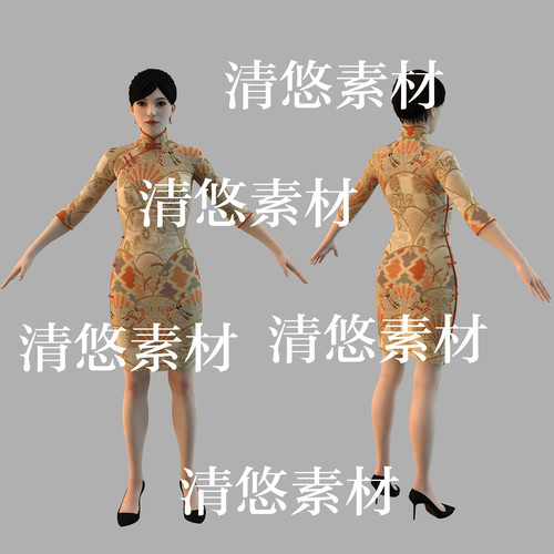 c4d fbx obj格式中式旗袍写实人物女文件 非实物B183