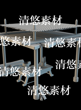 c4d fbx obj格式古风木棚棚子木材桌子文件 非实物B276