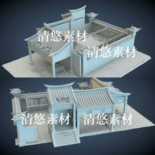 3dmax fbx obj古代建筑战争破损破败院子围墙模型 非实物A353 c4d