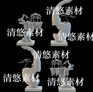 obj格式 3dmax c4d fbx 非实物B206 古风雕塑创意山石牌坊树木文件