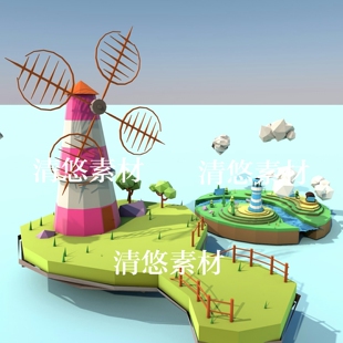 obj格式 lowpoly 低面卡通小岛场景c4d fbx 非实物A384 模型