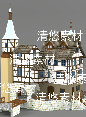 简模c4d fbx obj格式欧式中世纪建筑别墅房子文件 非实物D665