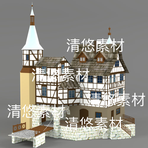 简模c4d fbx obj格式欧式中世纪建筑别墅房子文件 非实物D665