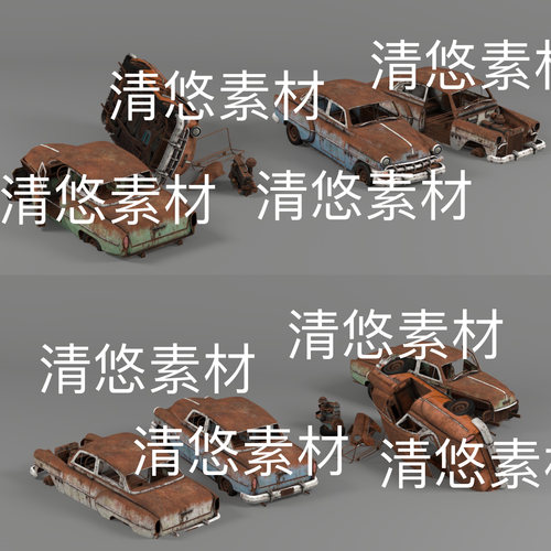 c4d fbx obj 3ds格式pbr次时代破损报废生锈汽车文件 非实物B955