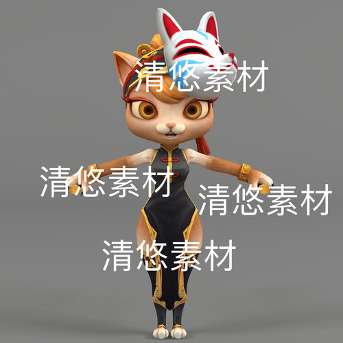 日本卡通忍者刺客猫咪c4d fbx格式猫女骨骼绑定文件 非实物D828