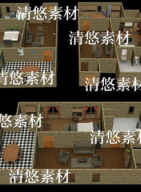 maya 3dmax c4d fbx低面卡通厨房卧客厅复古室内文件 非实物A934