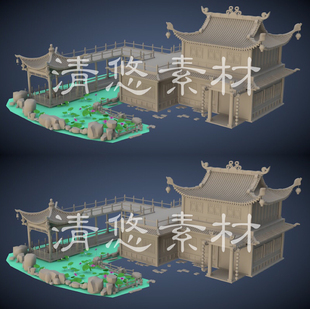 obj格式 3dmax c4d fbx A152 模型古建筑荷花池亭子小院场景模型